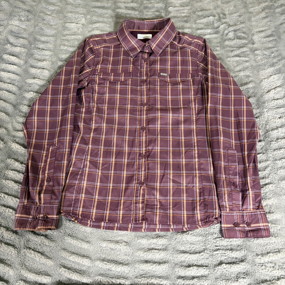 Columbia Silver Ridge Womens Medium Purple Plaid Long Sleeve Hiking Shirt AK1498